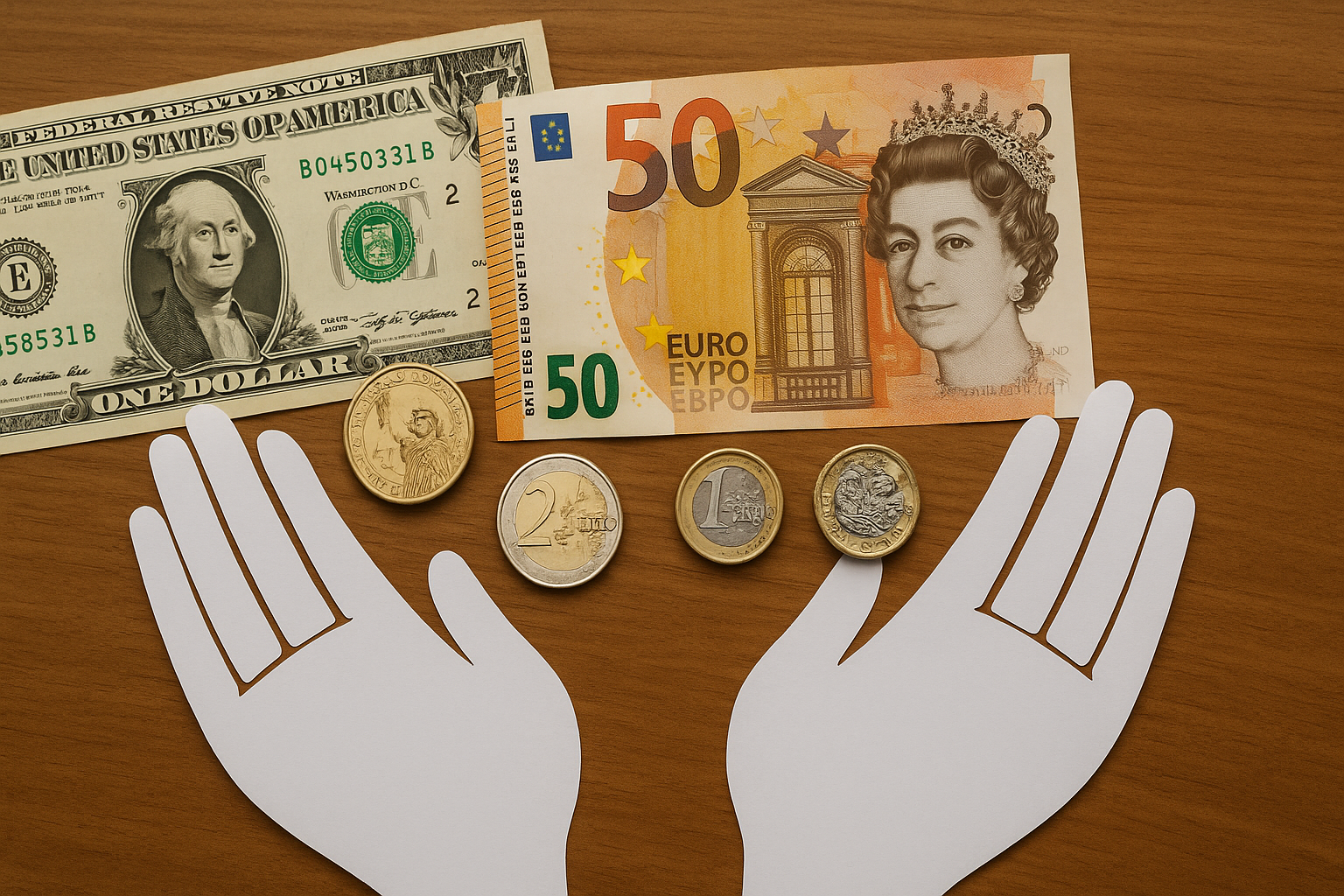 Banknoten und Münzen verschiedener Währungen (USD, EUR, GBP) auf einem Tisch mit Papierhänden